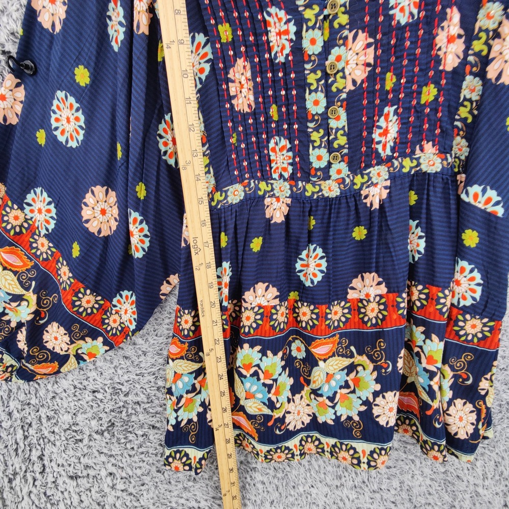 Orientique Womens Boho Floral Pintuck Peasant Blouse Large Navy Blue Wide Sleeve - Picture 2 of 16